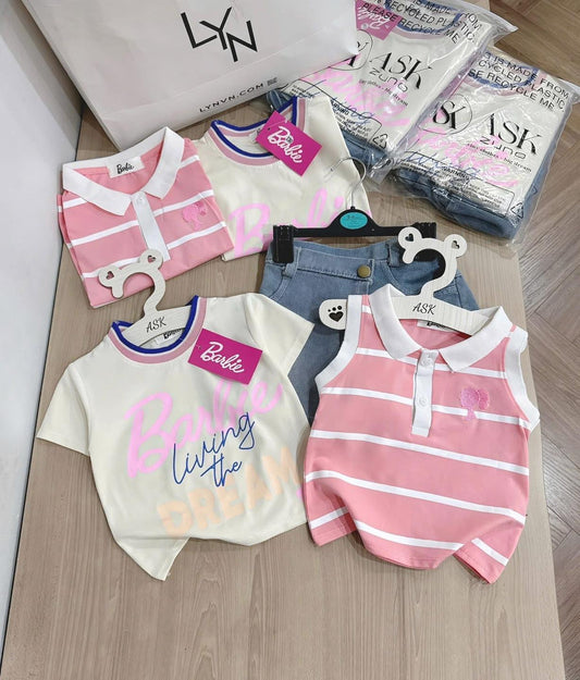Barbie 3pc Set (Tshirt + Polo Sleeveless + Denim Shorts-pa skirt style)