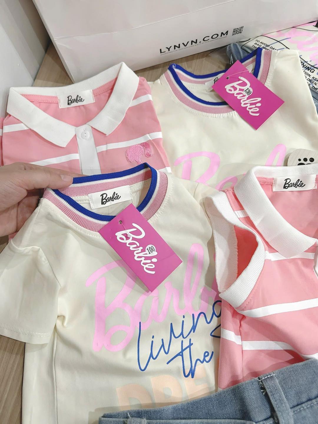 Barbie 3pc Set (Tshirt + Polo Sleeveless + Denim Shorts-pa skirt style)