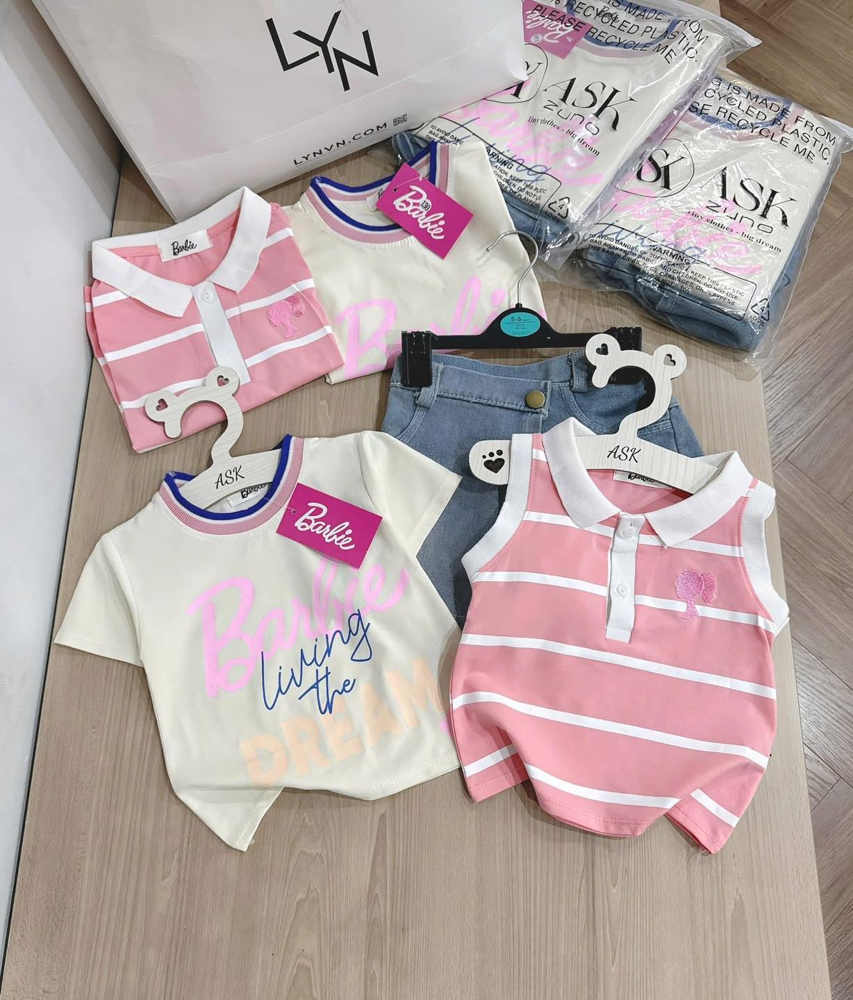 Barbie 3pc Set (Tshirt + Polo Sleeveless + Denim Shorts-pa skirt style)