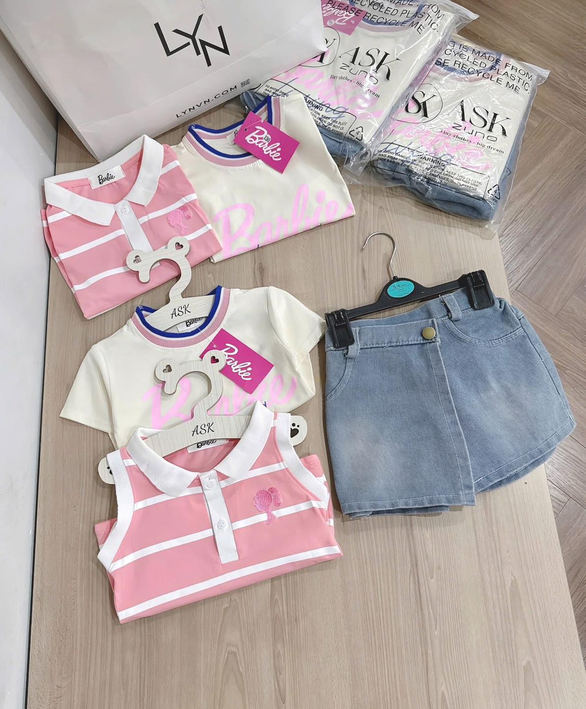 Barbie 3pc Set (Tshirt + Polo Sleeveless + Denim Shorts-pa skirt style)